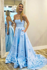 Satin Sweetheart Sky Blue A-line Long Prom Dresses with 3D Floral Applique
